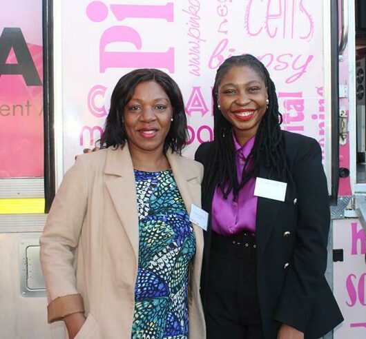 Esnath Muzenda and Zanele Mpela attend the PinkDrive launch.